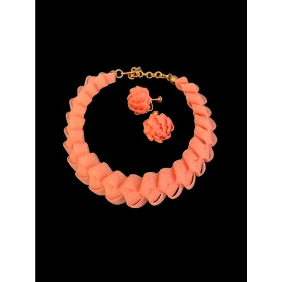 Coral Ribbon Braid Necklace Earrings Set - Picture 10 of 10